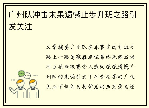 广州队冲击未果遗憾止步升班之路引发关注 广州队冲击未果遗憾止步升班之路引发关注